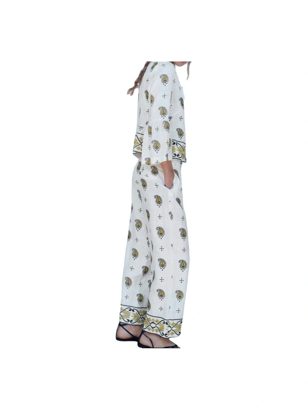 ZARA. White Yellow Embroidered Linen Blend Wide Leg Pants Side Pockets XL